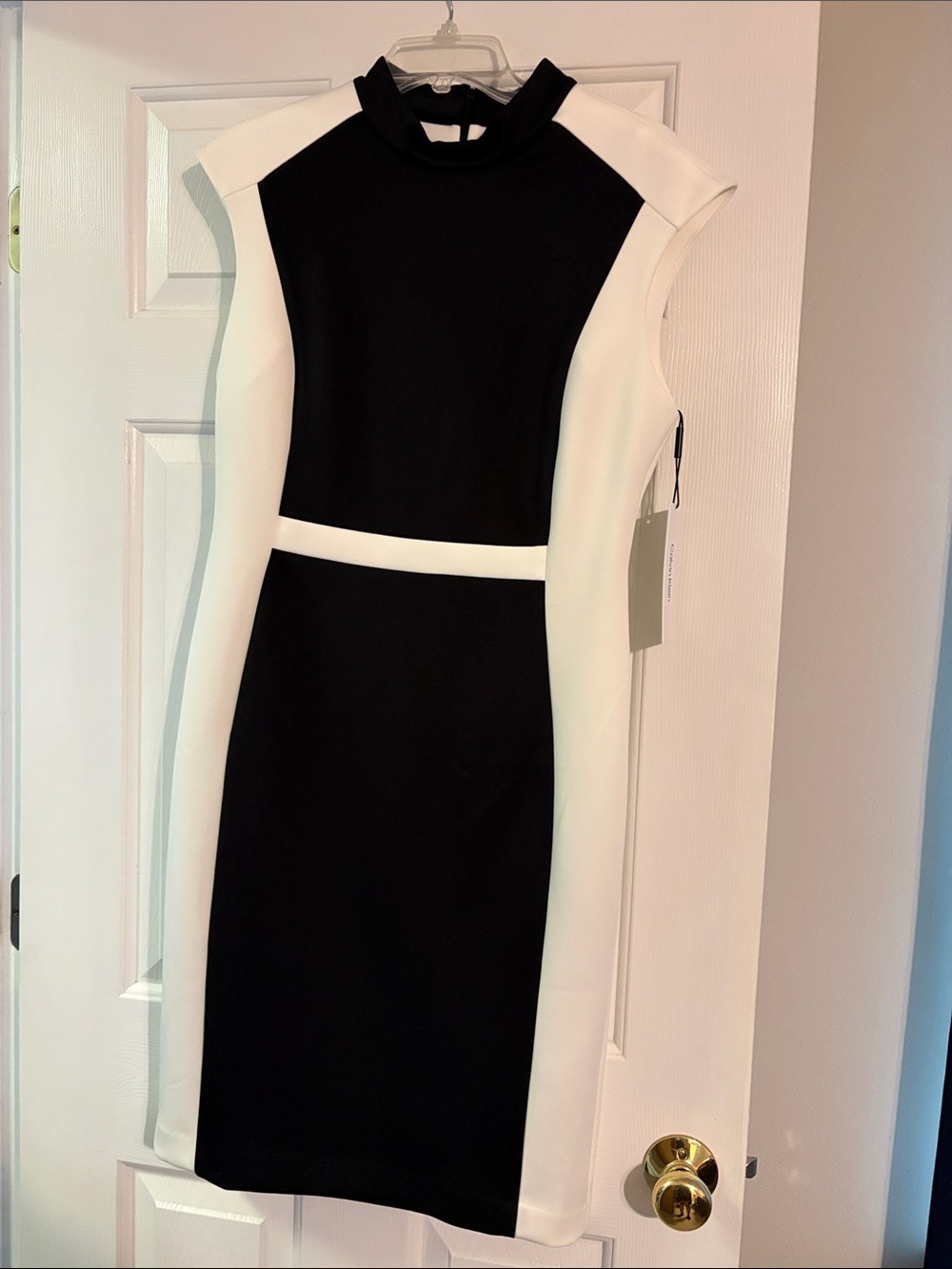 Calvin Klein Black and White Contrast Sheath Midi Dress